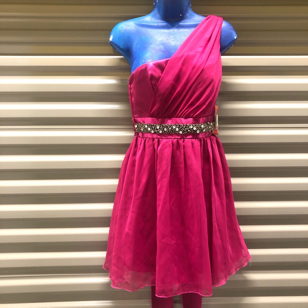 Trixxi pink one shoulder dress with beaded belt